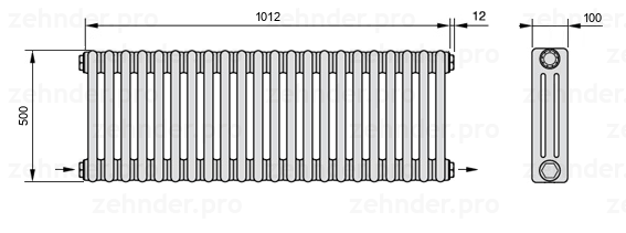 Схема (чертеж) Радиатор Zehnder Charleston 3050/22 №2670 Белый глянцевый RAL 9016